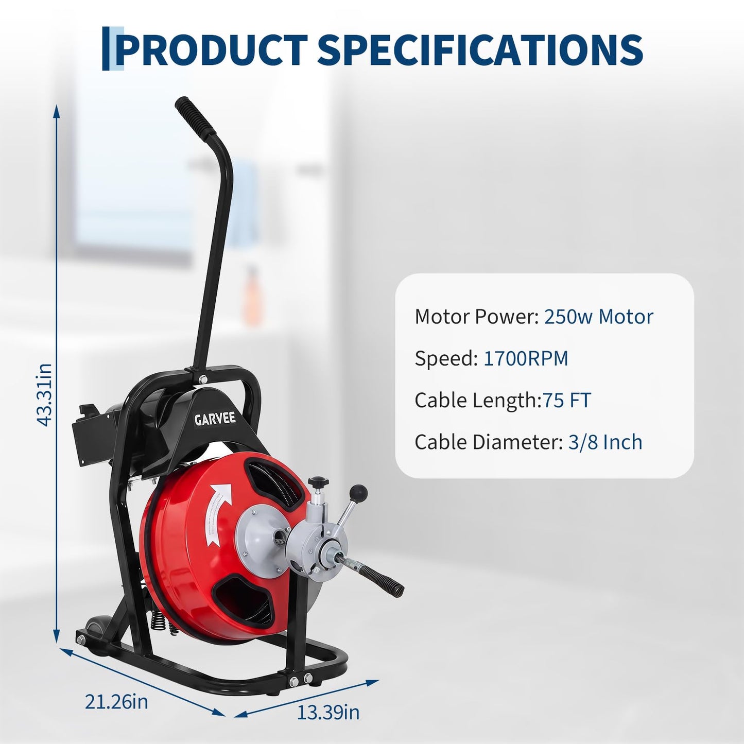 Garvee 75FT 3/8 Inch Drain Cleaner Machine with 250W Motor - Auto Feed Sewer Snake Auger, 4 Cutters, Air-Activated Foot Switch, Semi-Enclosed Drum for 2" to 4" Pipes