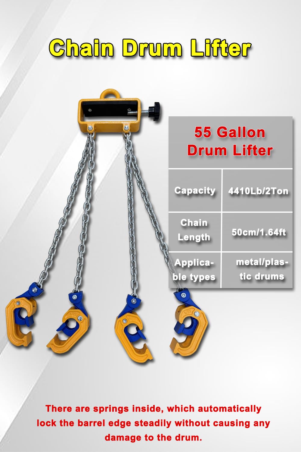 2Ton Barrel Lifting Chain for Plastic & Steel Drums 、4410LBS 20in Length, 4 Hooks Chain Drum Lifter Barrel clamp for 55 Gallon Drum Lifting Device Fits for Crane, Forklift【2T- 4Hooks】