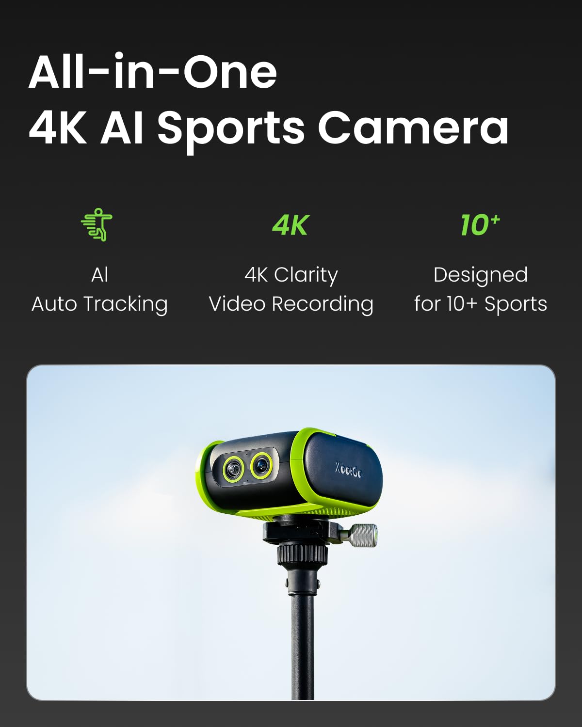 XbotGo Falcon All-in-One AI Action Camera, 4K Auto Tracking Sport Camera for Soccer, Basketball & Football, Dual-Lens Team Sports Recorder with Live Streaming, No Subscription Required (Edge Green)