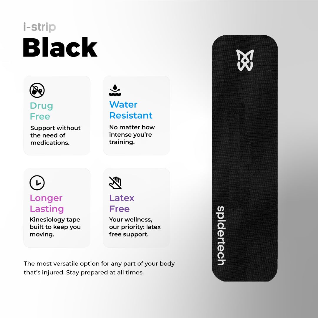 Spidertech Kinesiology Atheletic Tape 8" Precut Strips (20 Pack) (Black)
