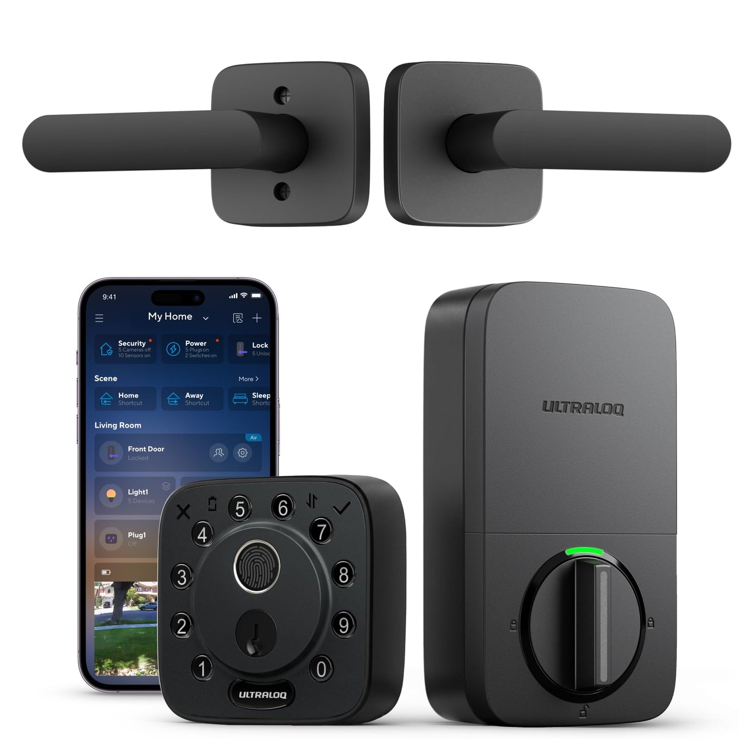 ULTRALOQ Bolt Fingerprint Smart Lock with Handle, 7-in-1 Keyless Entry Door Lock Set, Built-in WiFi Deadbolt, Auto-Lock & Unlock, App Remote Control, Compatible with Alexa, ANSI Grade 1,Black