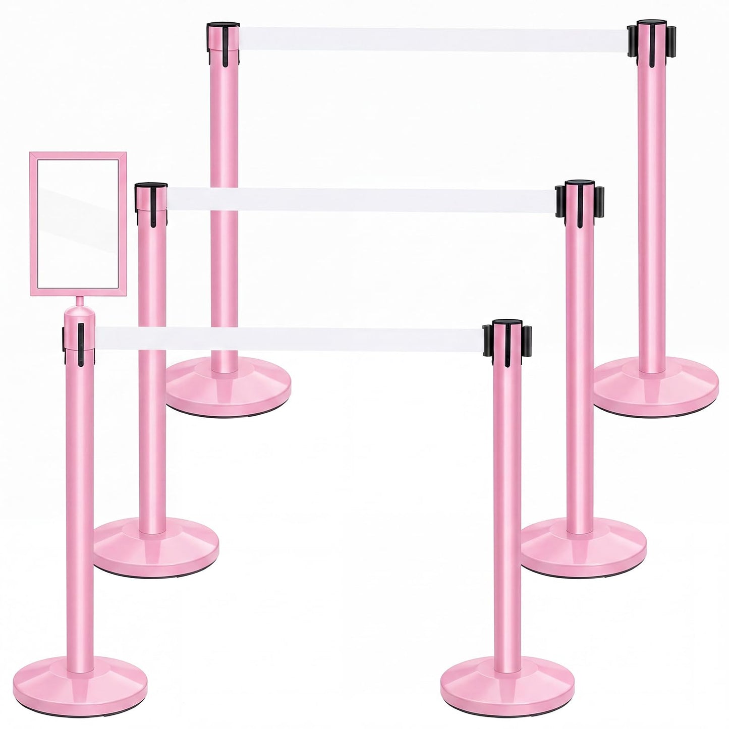 Therwen 6 Pack Heavy Duty Crowd Control Stanchions 9.8 ft Stainless Steel Stanchion Set with 6 Safety Barrier Post Retractable Belt and 1 Sign Holder Crowd Control Barrier(White Belt,Pink)