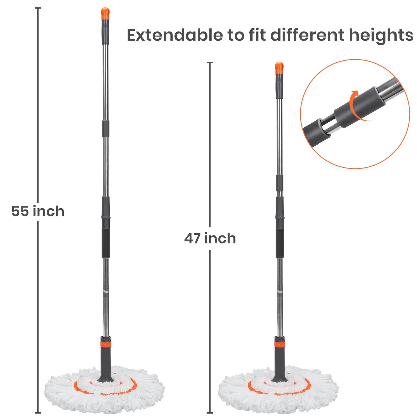 Self-Wringing Twist Floor Mops – 55” Long Handle Microfiber Mops for Hardwood Floor Cleaning, Heavy Duty Easy Squeeze Wet Mop for Tile Marble Wood Laminate