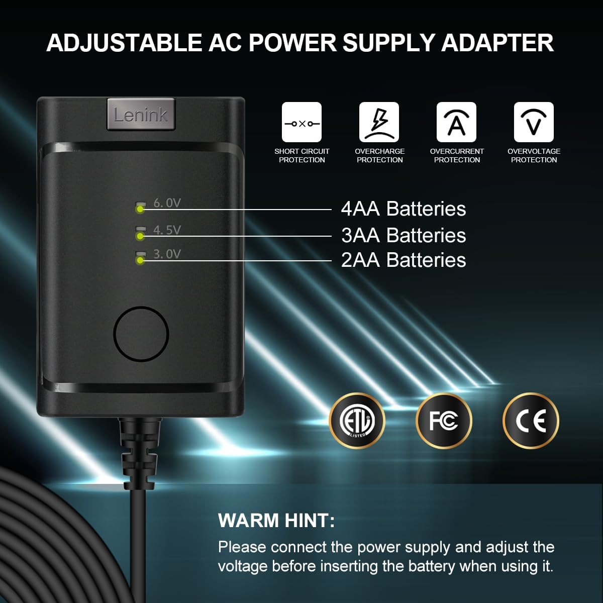 Lenink 2 3 4 3V, 4.5V, 6V, Adjustable AC Power Supply Adapter for AA AA AA Batteries, AA Battery Replacement Adapter