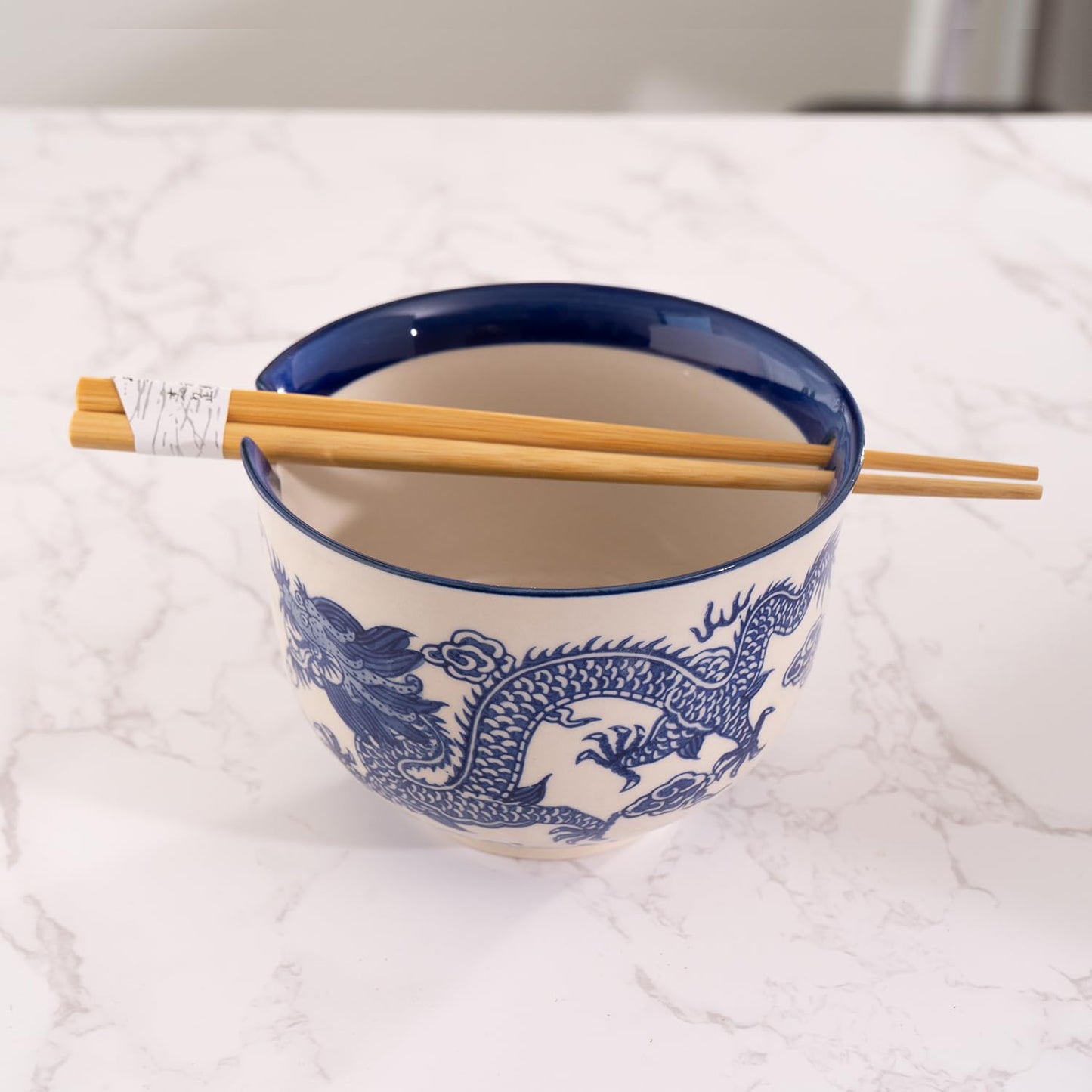 Urban Tokyo Handpainted Ceramic Glazed Japanese Ramen Udon Noodle Rice Bowl With Chopsticks 20 fl oz 5 inch Diameter Bowl Sets Color Box Packaging (Oriental Dragon Blue)