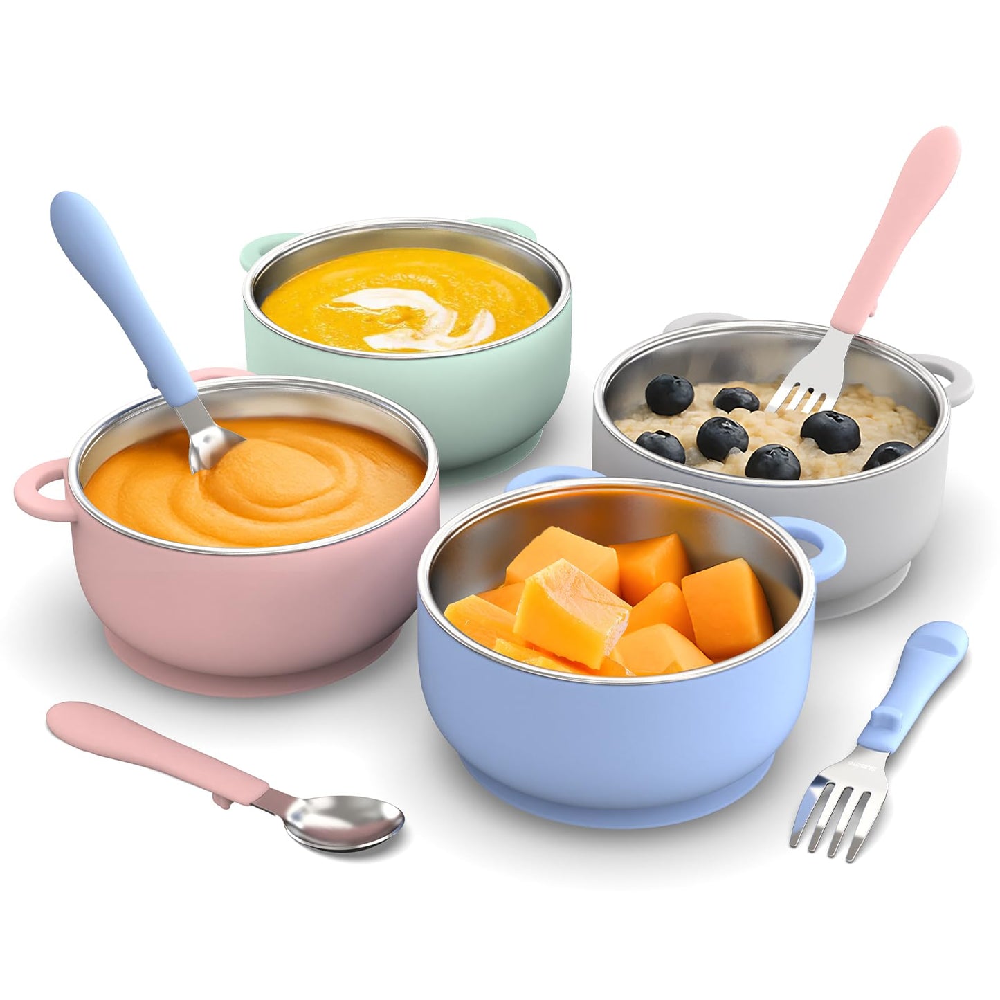 Bakpoco Toddler Feeding Suction Bowls and Utensils Set, 2-in-1 Stainless Steel 304 Kids Bowl & Silicone Suction Baby Bowl with Spoons and Forks, First Self-feeding Training Set, Sunrise Meadow