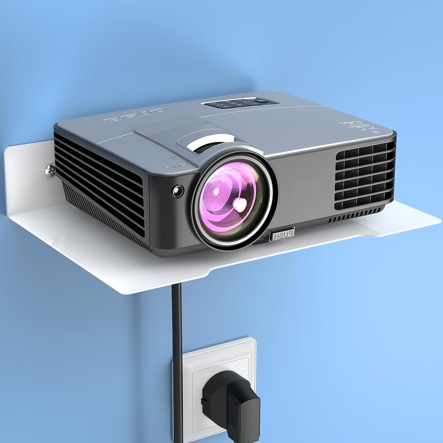 Compact White Projector Shelf - Wall Mount Floating Rack with Cable Ties