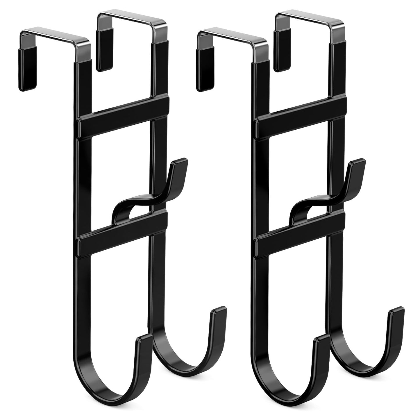 FYY Over The Door Hooks - 2 Pack Heavy Duty Triple-Hook Hanger, Rubber Coating Organizer for Bathroom Bedroom Kitchen Dorm, Hanging Towels Clothes Hats Bags Ironing Board, Fits Doors Up to 1.6" Black