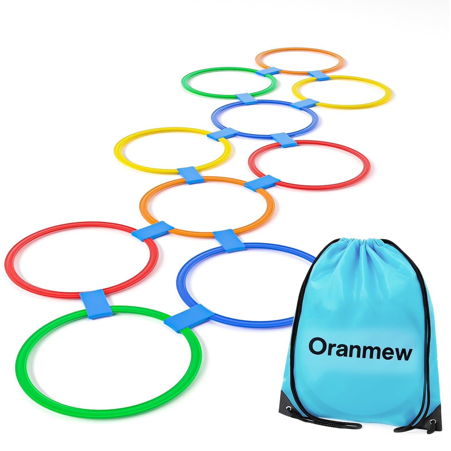 Oranmew Hopscotch Rings, 1-Set – 10 Round Hoops (11-inch) + 15 Connectors, Agility Rings for Kids, Builds Gross Motor Skills, Preschool & Kindergarten PE, Indoor/Outdoor Playground Obstacle Course