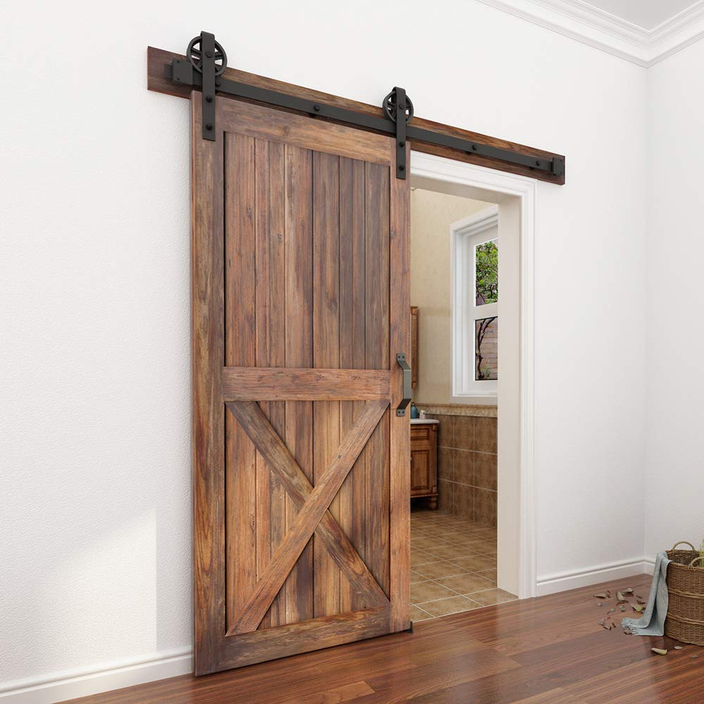 WINSOON 5-16FT Single Wood Sliding Barn Door Hardware Basic Black Big Spoke Wheel Roller Kit Garage Closet Carbon Steel Flat Track System (6.6FT)