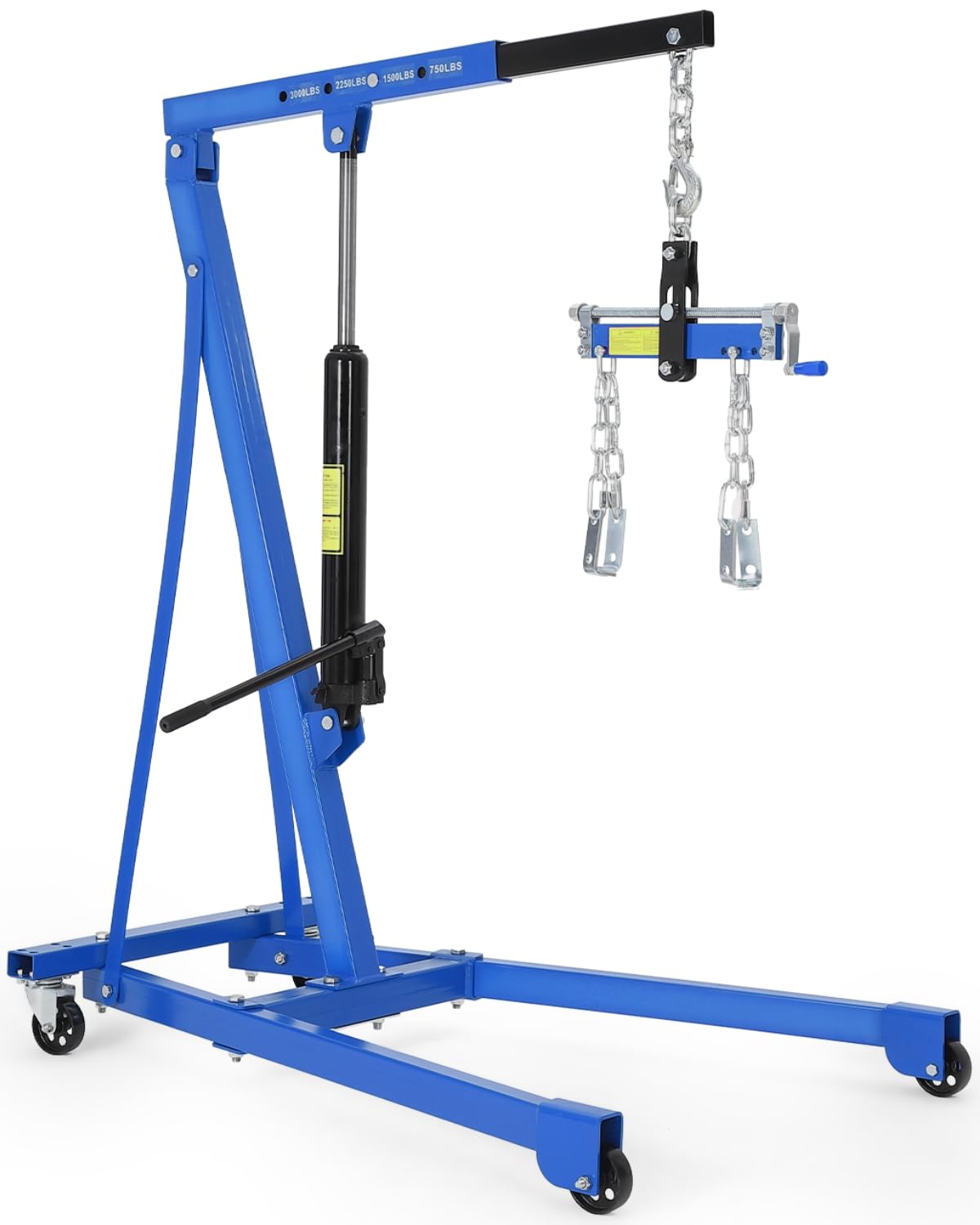 Hydraulic Engine Hoist with Lever, 1.5 Ton (3000 LBS) Capacity Shop Crane with Telescopic Boom & 4 Swivel Casters, Cherry Picker Lift for Home Garage, Auto Repair, and Warehouse Use, Heavy-Duty, Blue