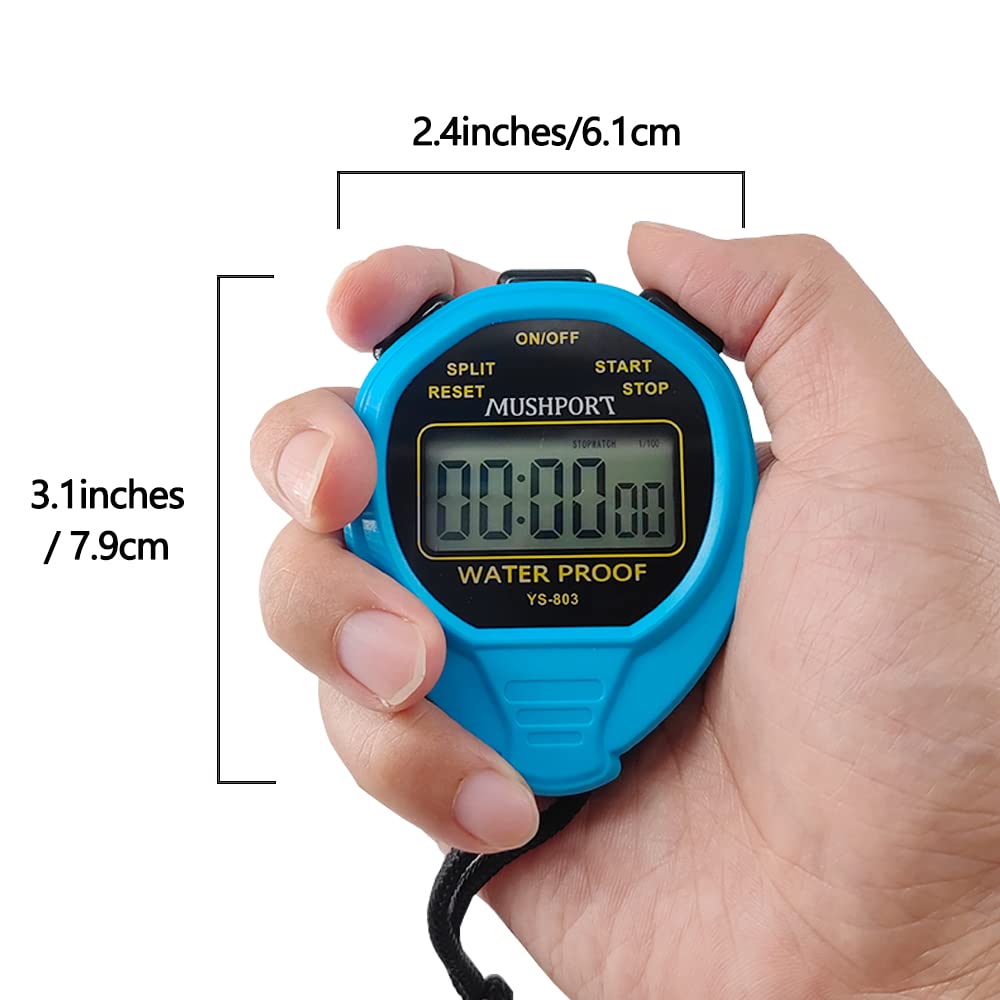 MUSHPORT Waterproof Stopwatch Timer Only Stopwatch Mode, ON/Off Silent Large Display Simple Operation, Without Clock Date Countdown, Digital Stop Watch for Sports Coaches, Blue