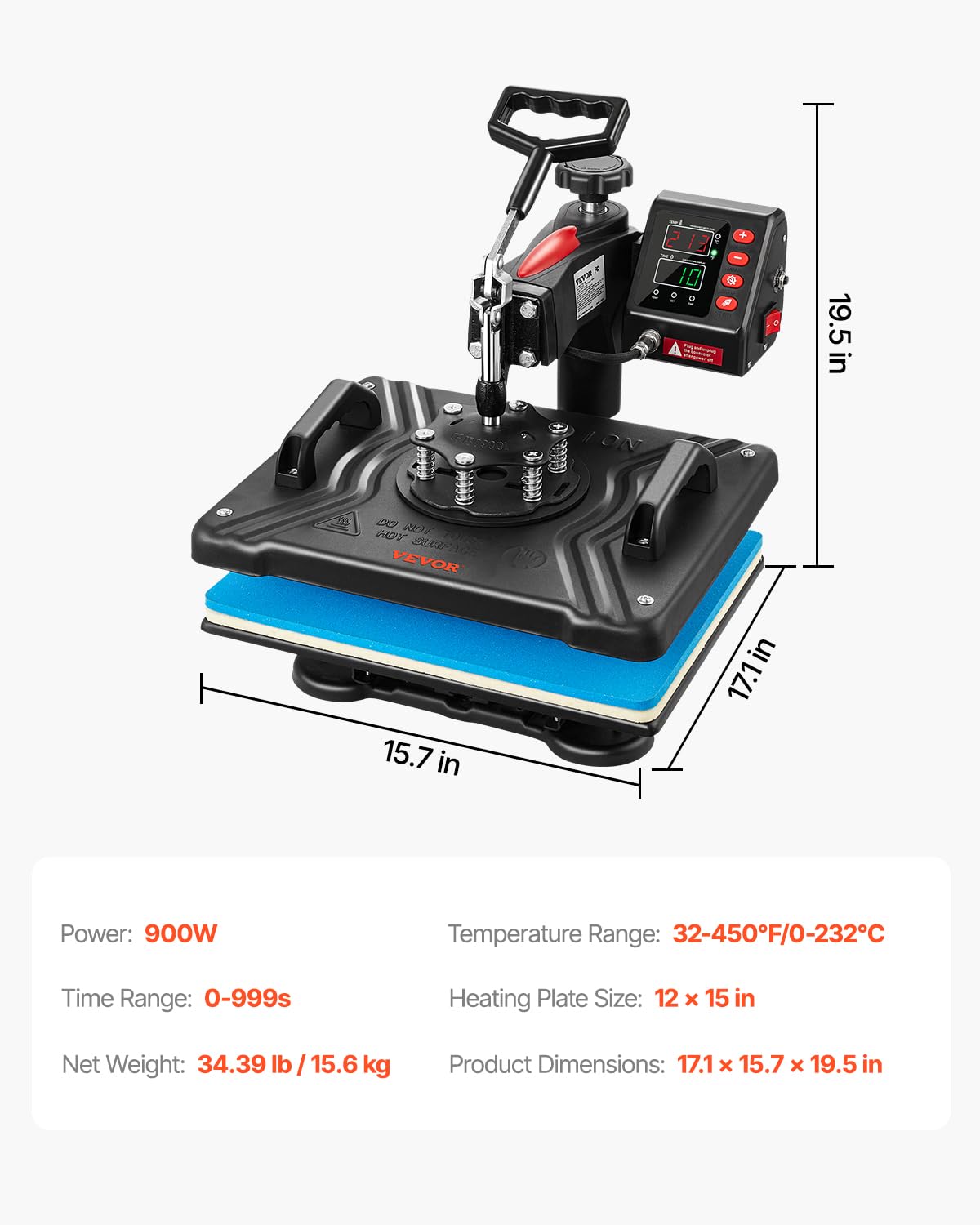 VEVOR 5 in 1 Heat Press Machine 12x15 Inch, 360° Swing Away Shirt Press Machine - Digital Professional Heat Transfer Tshirt Press Machine, Sublimation Heat Press for T Shirts Hat Cap Mug Plate