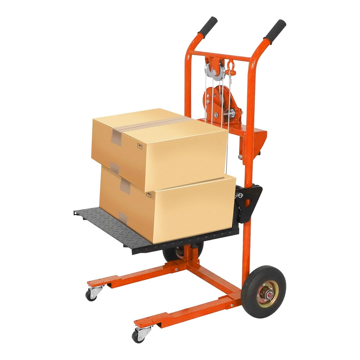 Material Lift Winch Stacker, 440 lbs Capacity Table Cart, 35.4" Lifting Height Manual Forklift Stacker, Pallet Jack Truck Dolly with Swivel Casters and Lift Plate (Orange)