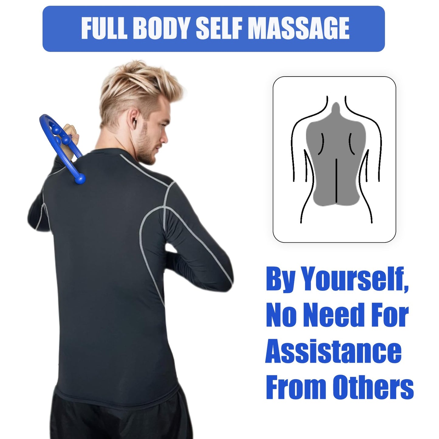 Trigger Point Massager & Back Cane- Deep Tissue Back Massage Tool for Muscle Knot Pain Relief (Back, Neck, Shoulder, Legs & Feet), Handheld Self Massage Cane with S-Shaped Dual-Section Design(Blue)