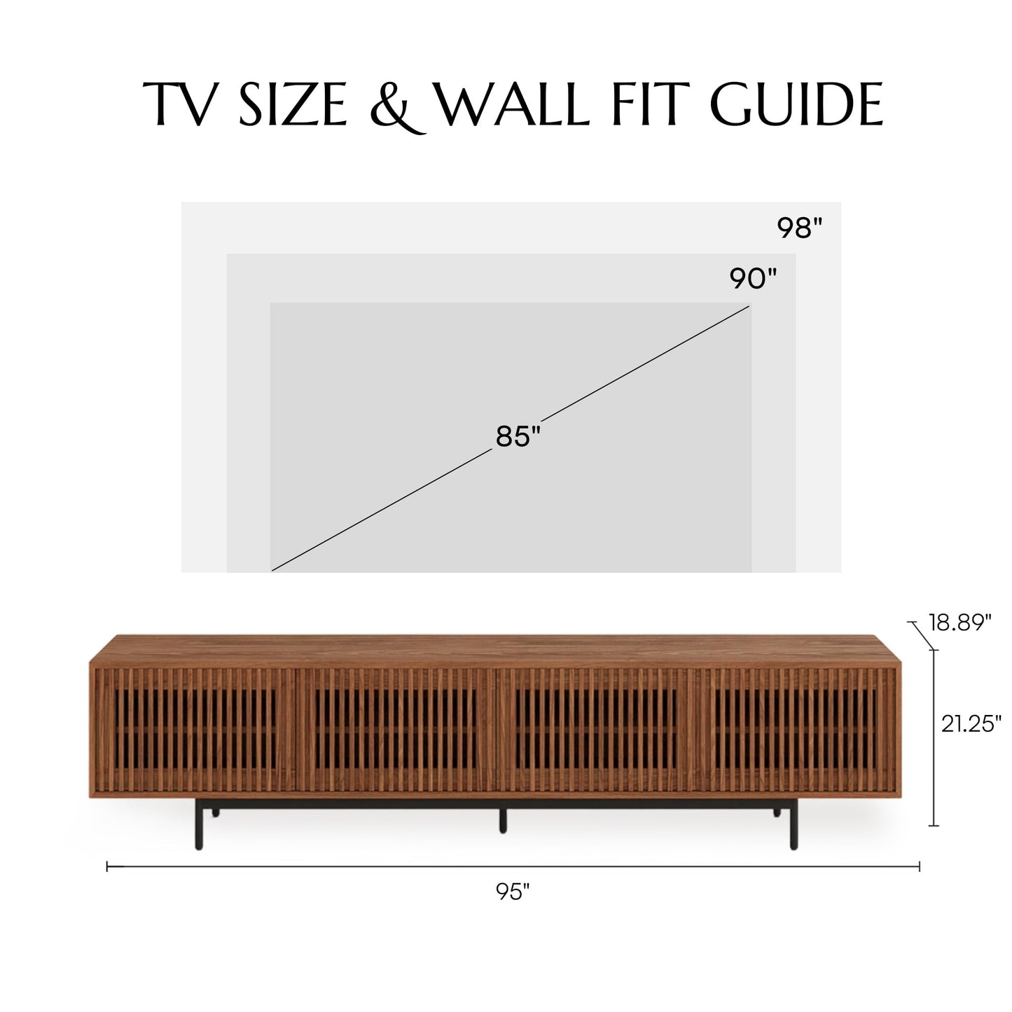 POVISON Mid-Century Modern TV Stand with Slatted Doors, Fully Assembled 94.49" Wood Media Console, TV Console with Tall-cast Metal Legs, Entertainment Center with Storage for Living Room