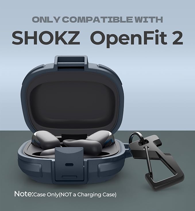 Dexnor for Shokz OpenFit 2 Case with Drop-Proof Lock, Shockproof Rugged Bumper Cases Protective Cover with Carabiner & Keyring & Cleaner Kit for Shokz OpenFit 2 (2025) Blue