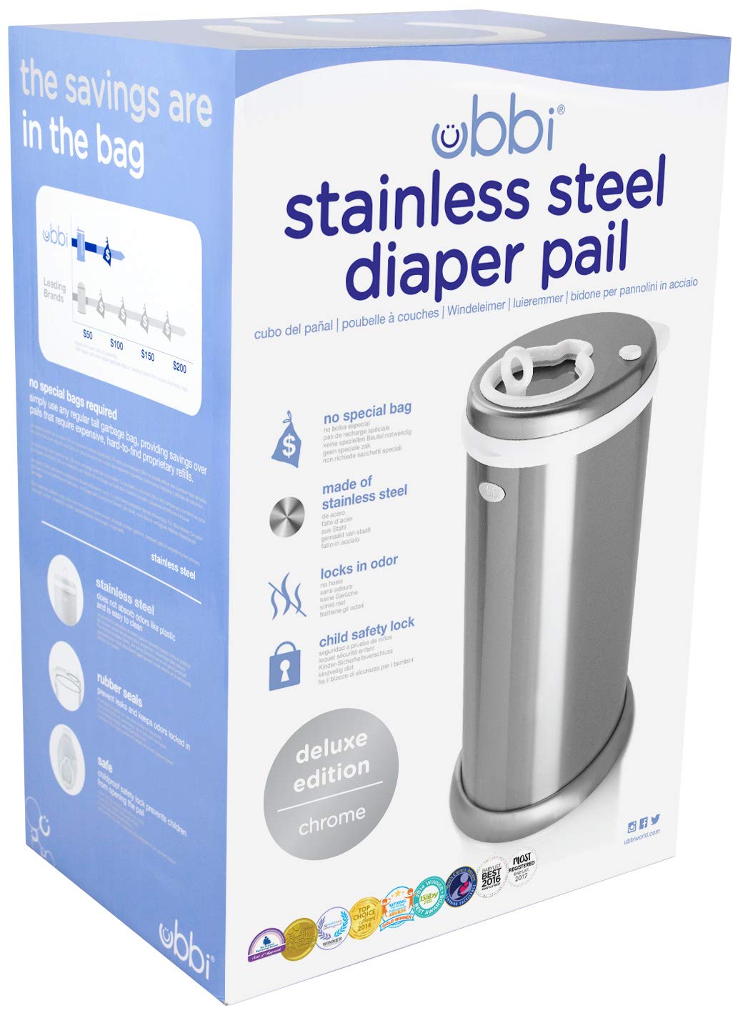 Ubbi Steel Diaper Pail - Odor Locking Design, No Special Bag Needed | Award-Winning Chrome Finish