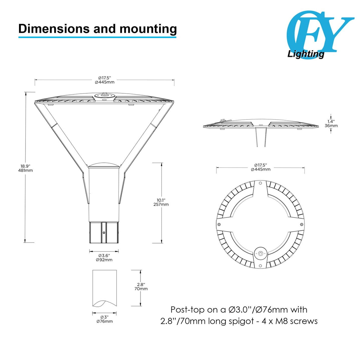 CFY LIGHTING 150W LED Post Top Light 18000Lm 4000K LED Circular Area Light AC120-277V 1-10V Dimmable Outdoor Pole Lights Fixture for Garden courtyards Squares and Pedestrian Streets