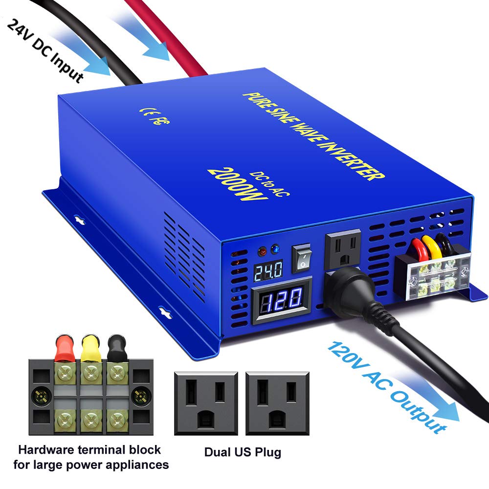 2000 Watt Pure Sine Wave Inverter 24V DC to 110v 120V AC, 2000W Car Power Invert Surge 4000W Power Converter for Solar System. (2000W 24V 120V) Blue