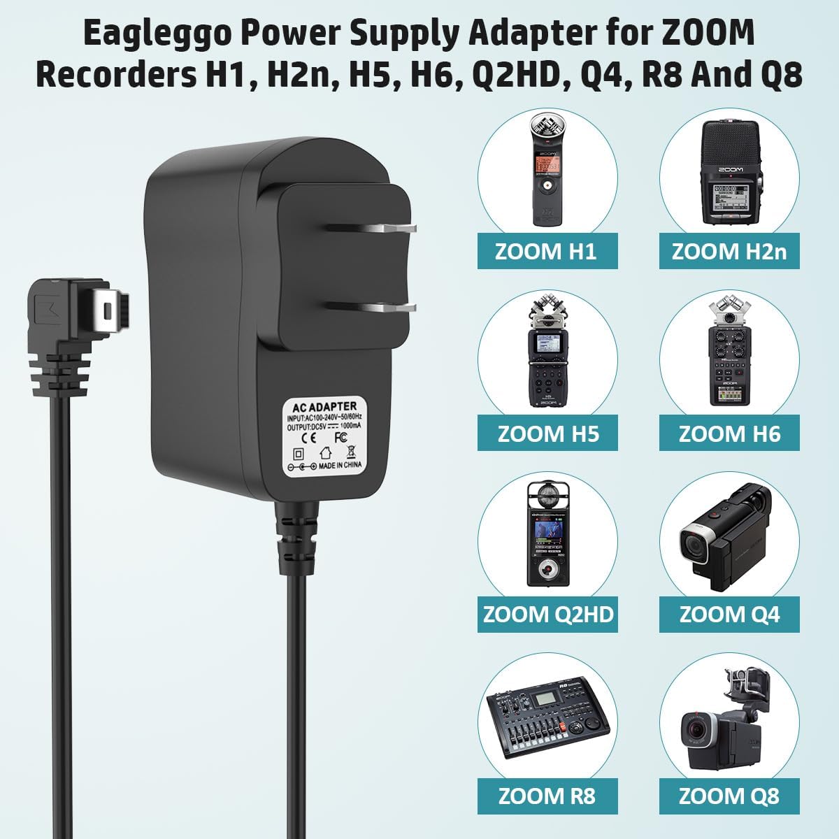 EAGLEGGO H1, H2n, H5, H6, Q2HD, Q4, R8 Power Supply Adapter for Zoom Recorders AC Adapter Wall Charger