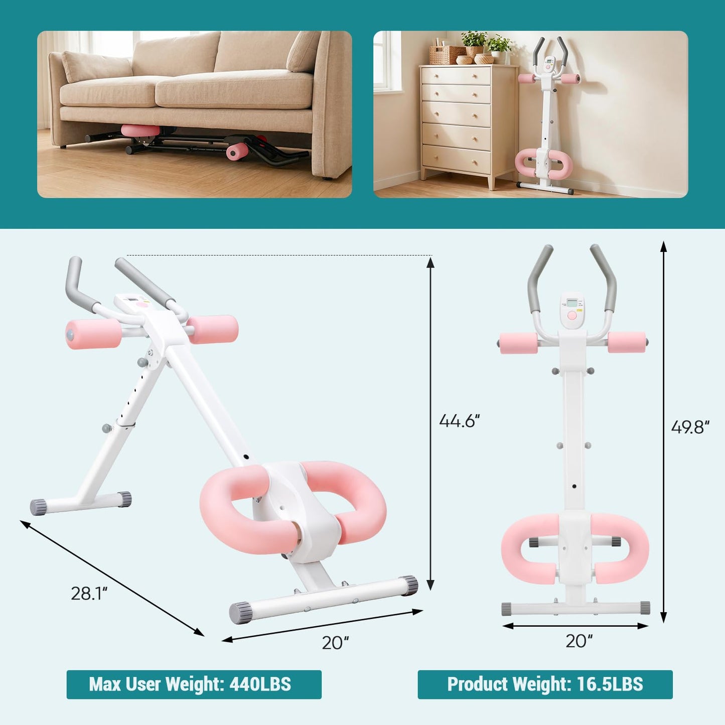 OLIXIS Ab Machine, Ab Workout Equipment for Home Gym, Adjustable Abdominal Trainer for Stomach Workout, Foldable Core Strength Exercise Machine with 440LBS, LCD Display, Knee Protection, White Pink
