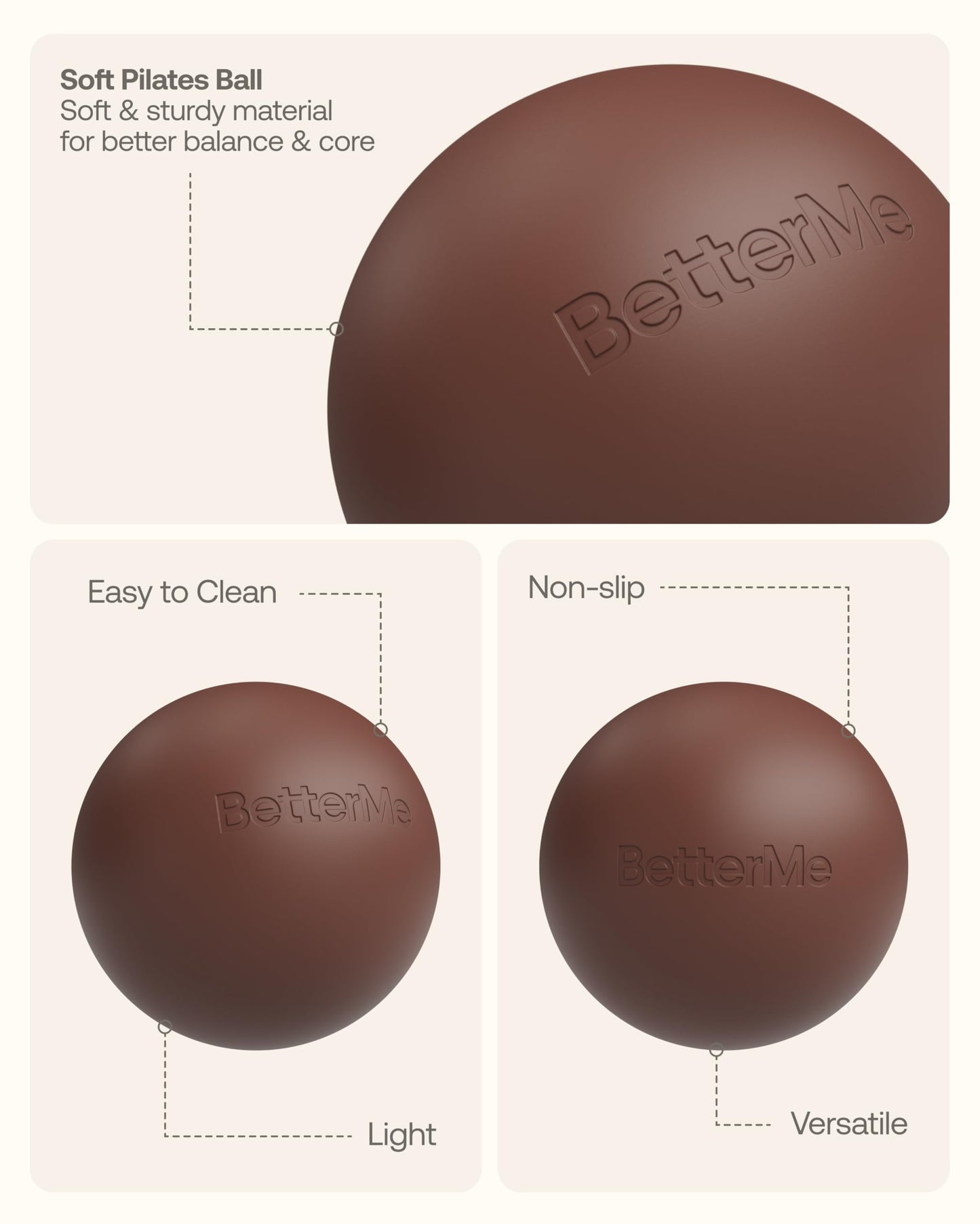 BetterMe Soft Pilates Ball – 8 Inch Mini Exercise Ball for Pilates, Yoga & Core Training – Small Stability Ball for Women – Portable Workout Tool (Chocolate Brown)