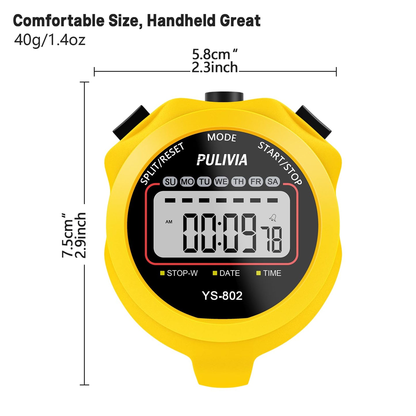 PULIVIA Sports Stopwatch Timer, Single Lap Split Digital Stop Watch for Sports Kids Coaches Swimming Running, Yellow