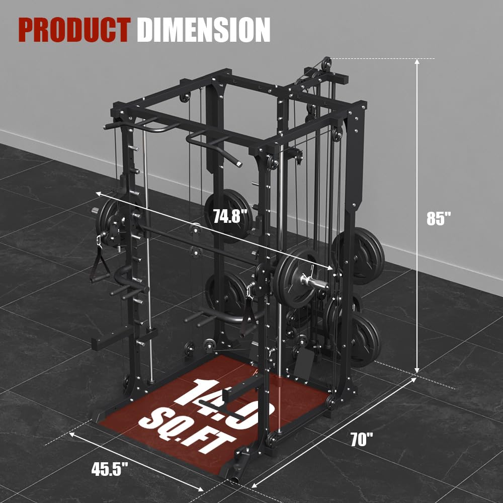 Fagus H All-in-One Smith Machine Power Cage with Dual Cable Crossover, LAT Pulldown & Weight Stack System,Multifunctional Home Gym Machine with LAT Pulldown, Chest Press, Leg Extension & Row