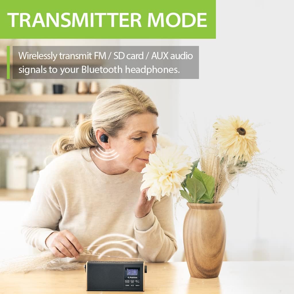 Avantree MP3 4-in-1 Streaming Radio to Earbuds or Home Stereo System, FM Radio, Bluetooth Transmitter, Bluetooth