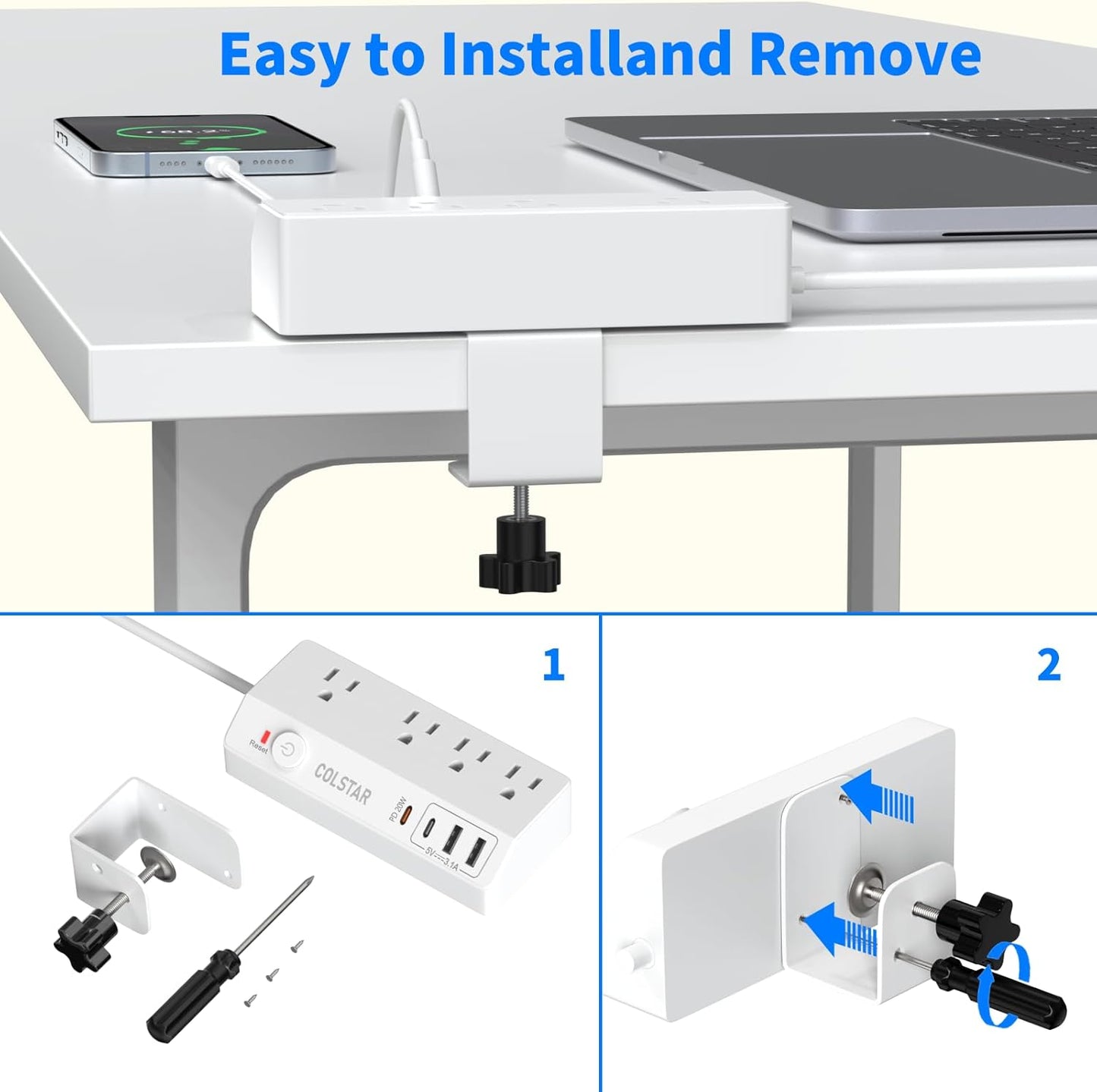 colstar 20W 10FT Desk Clamp Power Strip with USB, USB C Fast Charging, Clamps Securely to Desk Edge, Flat Plug