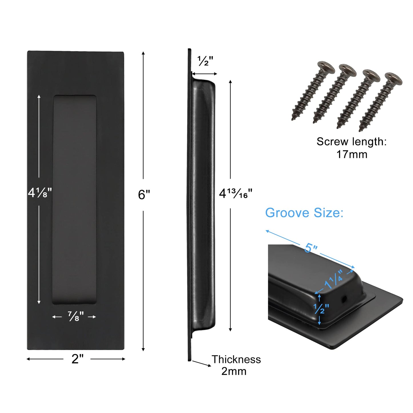 Malimali 6 Inch Recessed Finger Flush Pulls for Pocket Door Closet Door, Sliding Barn Door Handle, Matte Black Stainless Steel Rectangular Door Pulls Hardware(2 Pack)