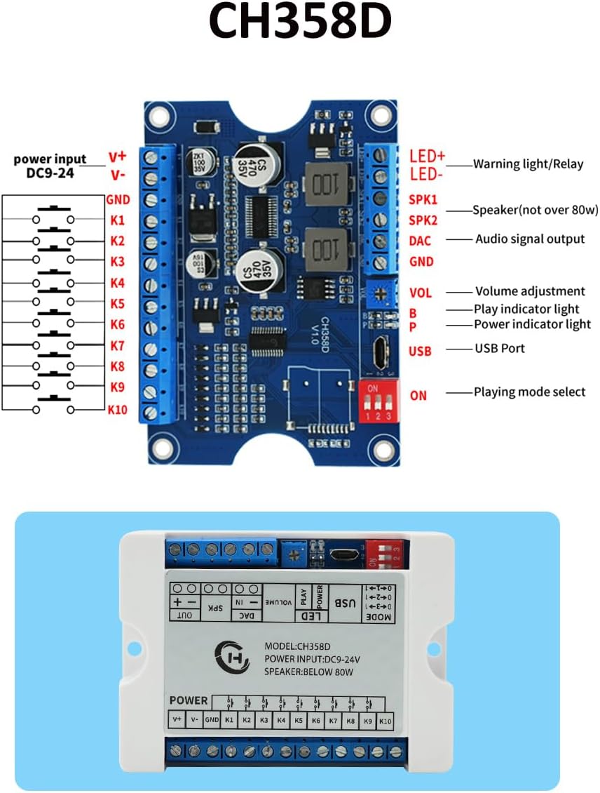 JRGKJCP 80W Module,CH358D 8MB 9-24V Download,MP3 Decoding,10-Way One-to-One,8 Vocie Playback Low Lever Trigger DC Sound