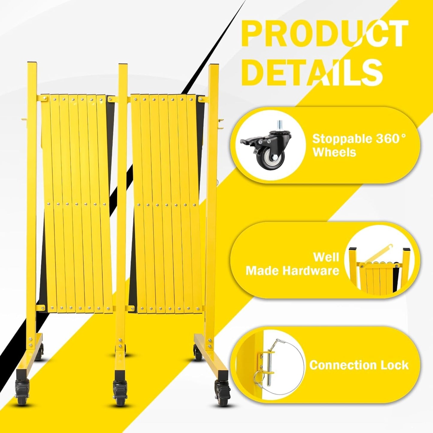 23FT Traffic Barricade with Casters, Metal Expandable Barricade, Folding Security Gate, Retractable Fence Outdoor Barricade Fence for Construction Area, Traffic Control