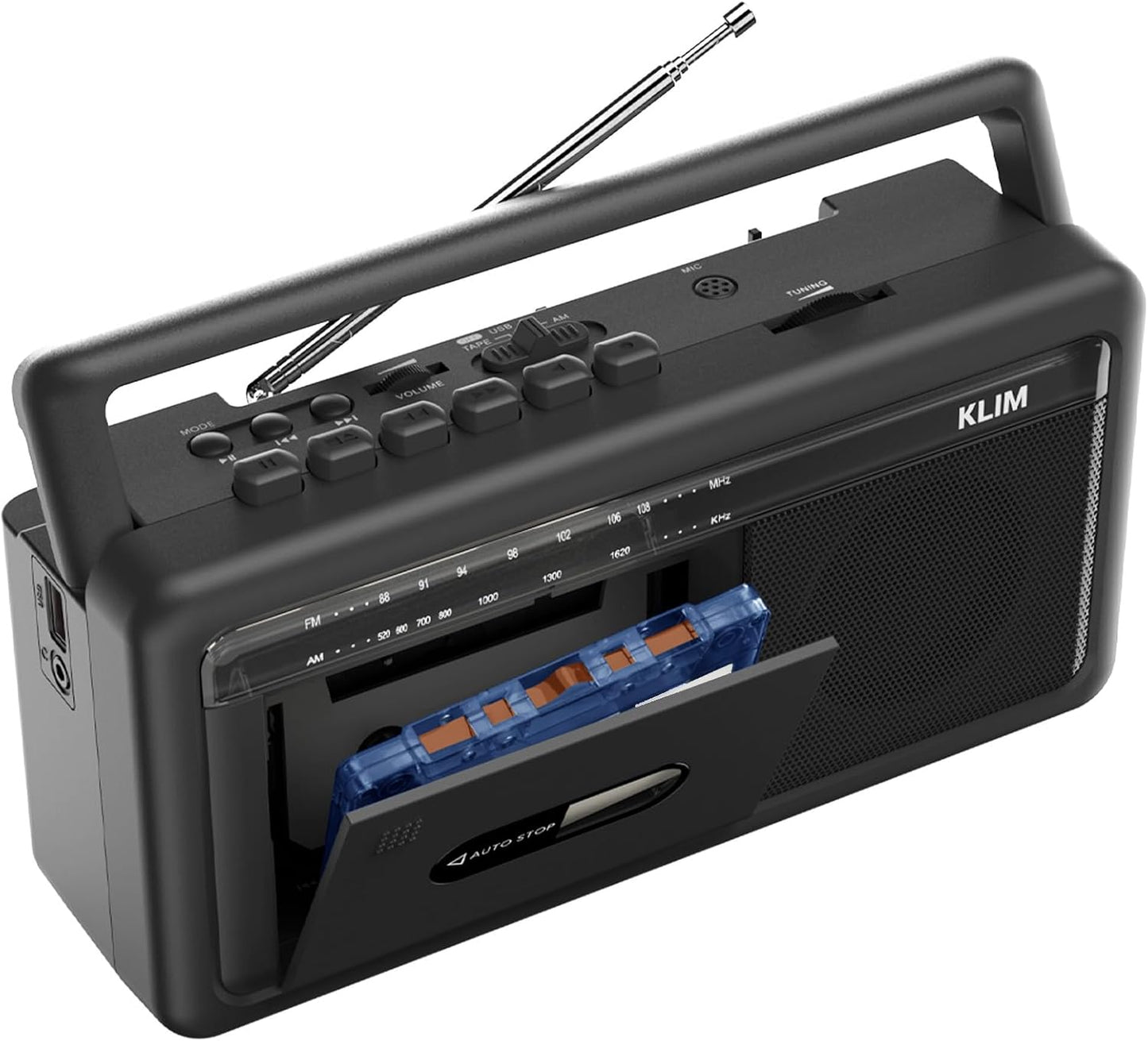 KLIM Cassette Portable Player & Tape Recorder Boombox with AM/FM Radio, USB, Bluetooth, Speaker, and Earphone Jack
