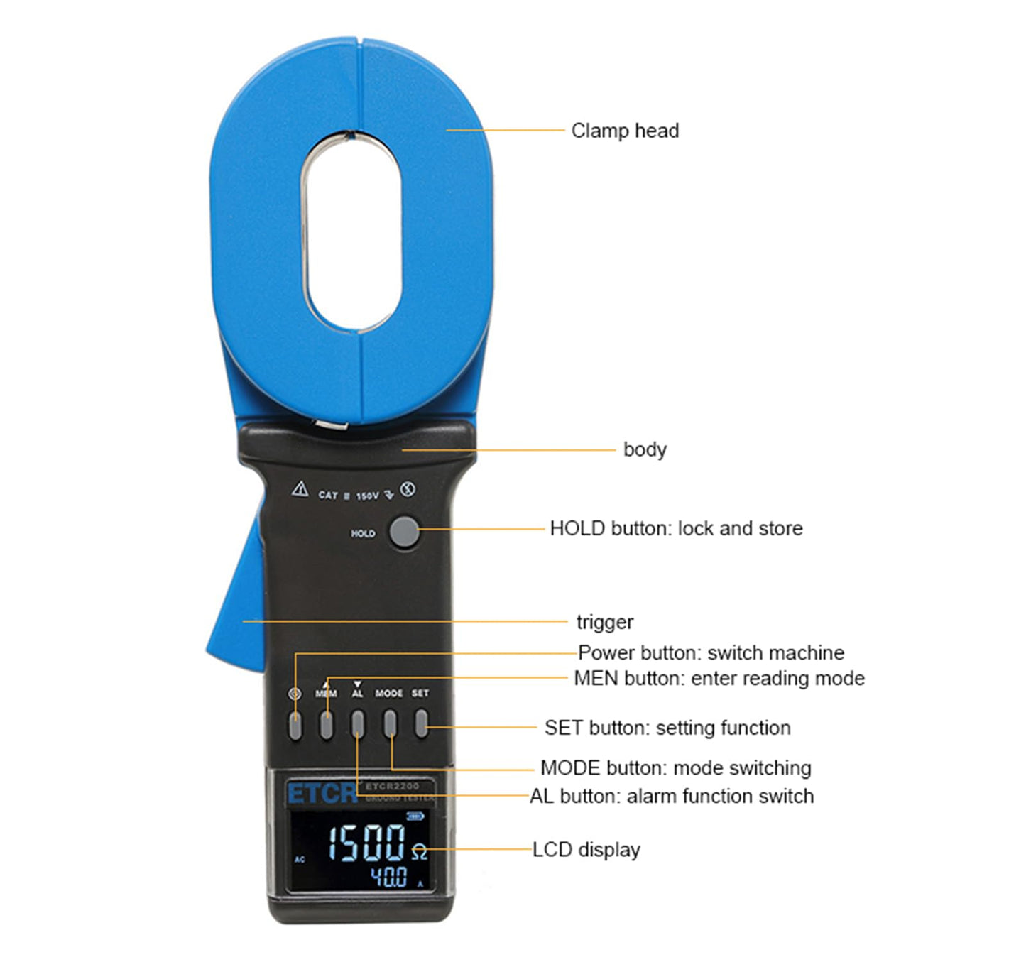 ETCR ETCR2200 1500Ω Clamp Ground Resistance Tester Earth Resistance Meter 0.010Ω-1500Ω, 0.00mA-40.0A with USB Interface