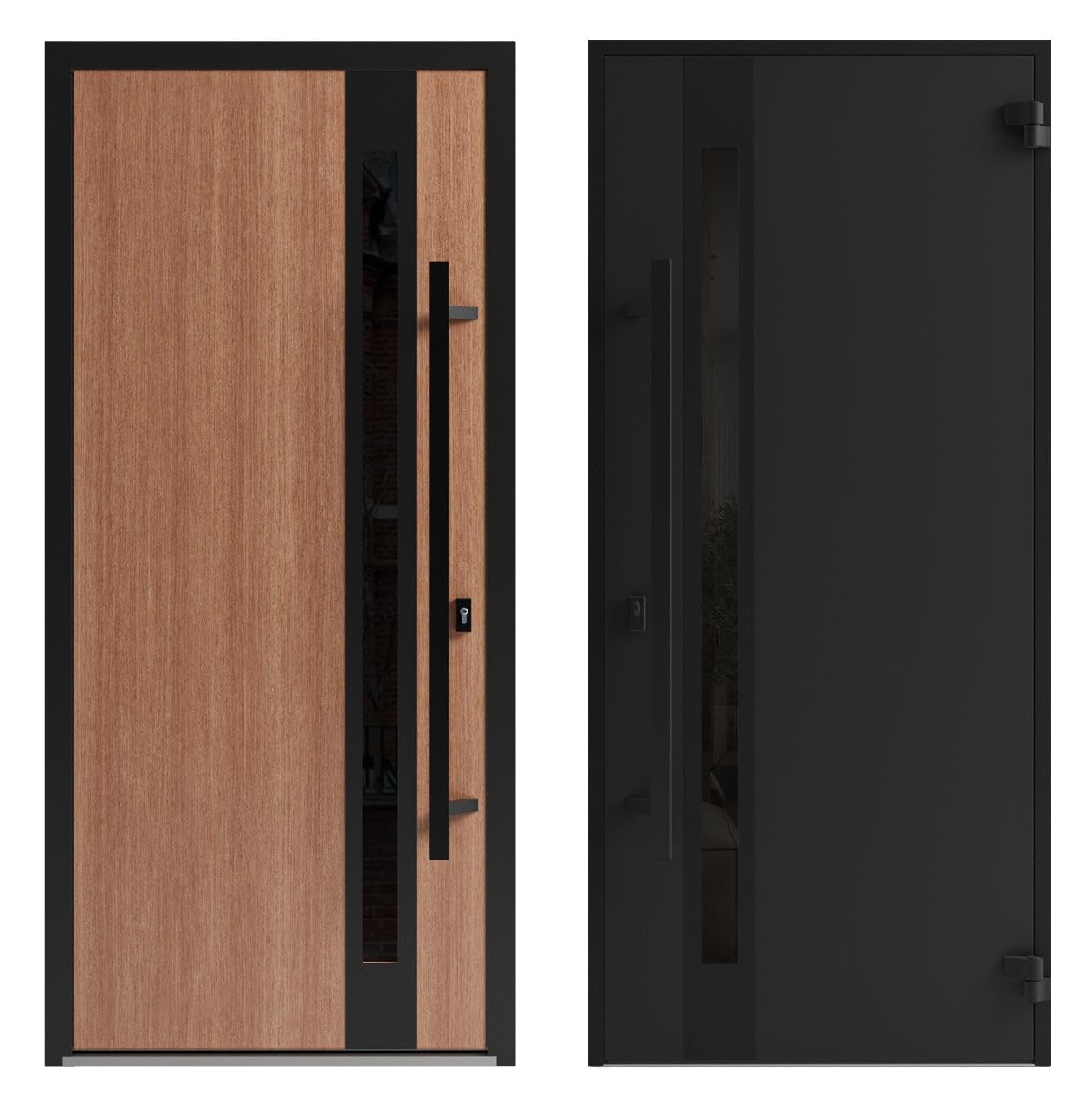 VDOMDOORS Front Exterior Prehung Steel Door/Ronex 1033 Teak / 2 Side and Top Exterior Window Sidelite/Entry Metal Modern Painted W16+36+16" x H80+16" Right Hand Inswing