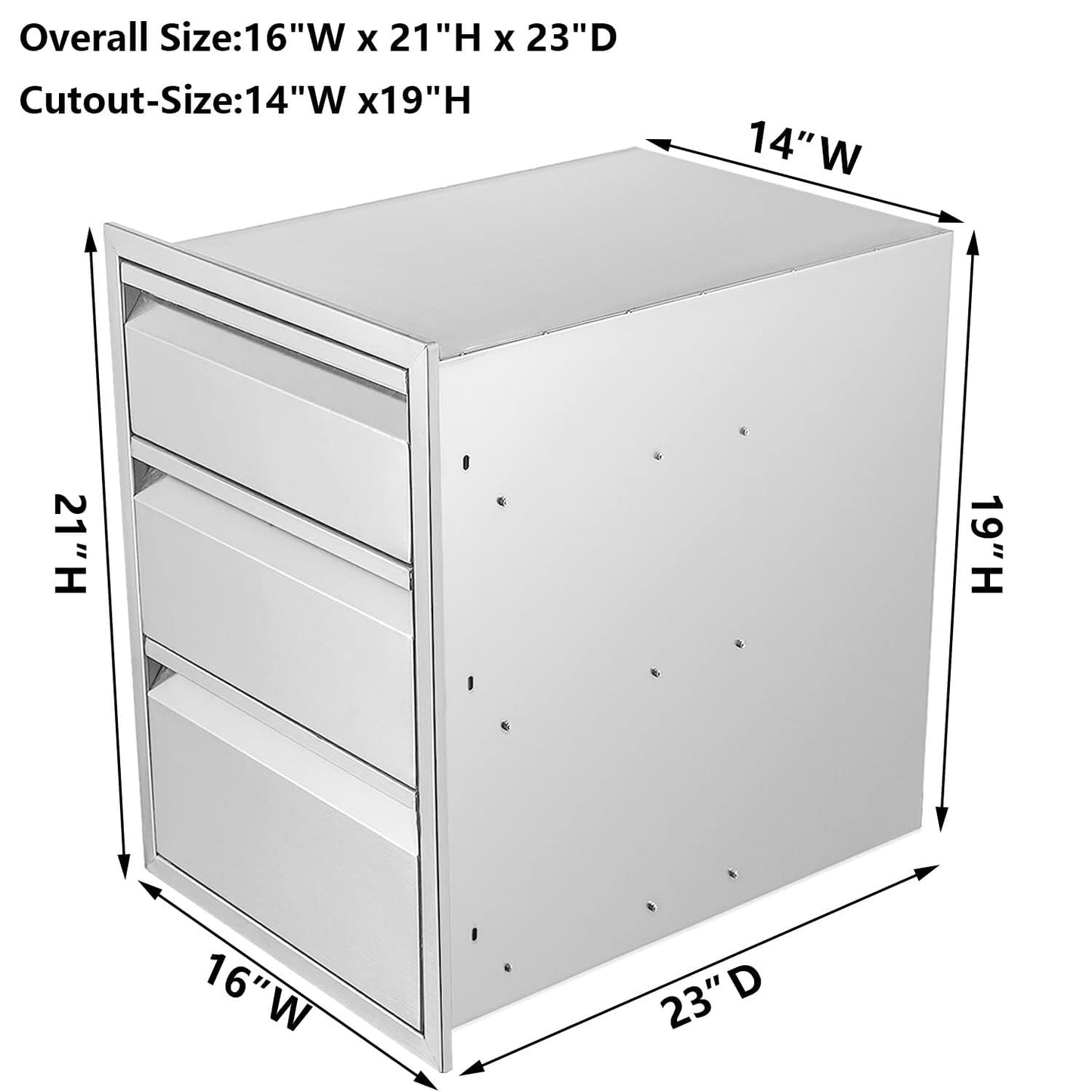 Outdoor Kitchen Drawers 16" W x 21" H x 23" D Triple BBQ Drawers Stainless Steel Built-in Drawer for Patio Grill Station or Outdoor Kitchen Island