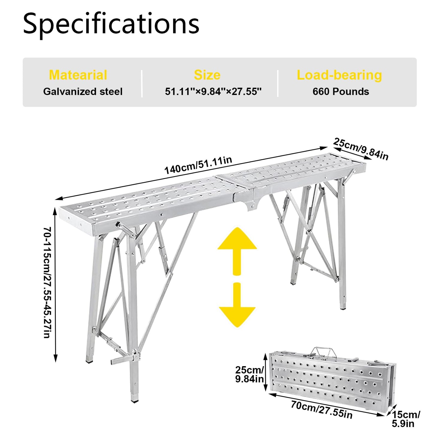 HIYOUGO Scaffolding Platform Adjustable Height, Folding Work Platform, Aluminum Portable Scaffolding Ladder, Non-Slip Portable Work Bench 660lbs Capacity for Drywall, Cleaning RV, 140 × 25cm