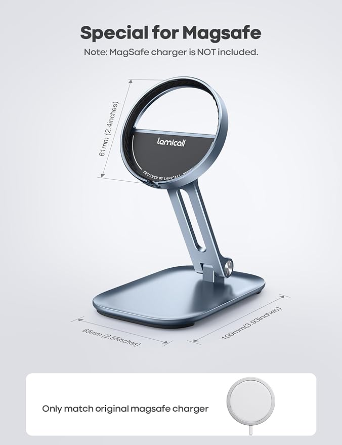Lamicall Phone Stand for Apple 15W MagSafe Charger - Collasple Adjustable Charging Holder Dock Cradle for Desk, Compatible with Airpods, iPhone 16 15 14 13 12 Plus, Pro, Pro Max, Grey [Stand Only]