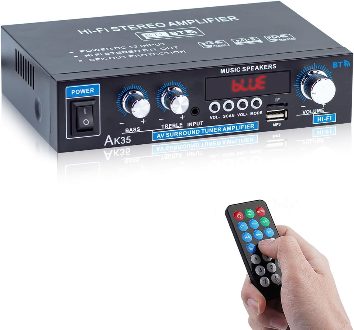 AK35 5.0 2.0 30Wx2 Bluetooth Stereo Amplifier, Channel Mini Audio Receiver, Home HiFi Audio Amp with Bass/Treble