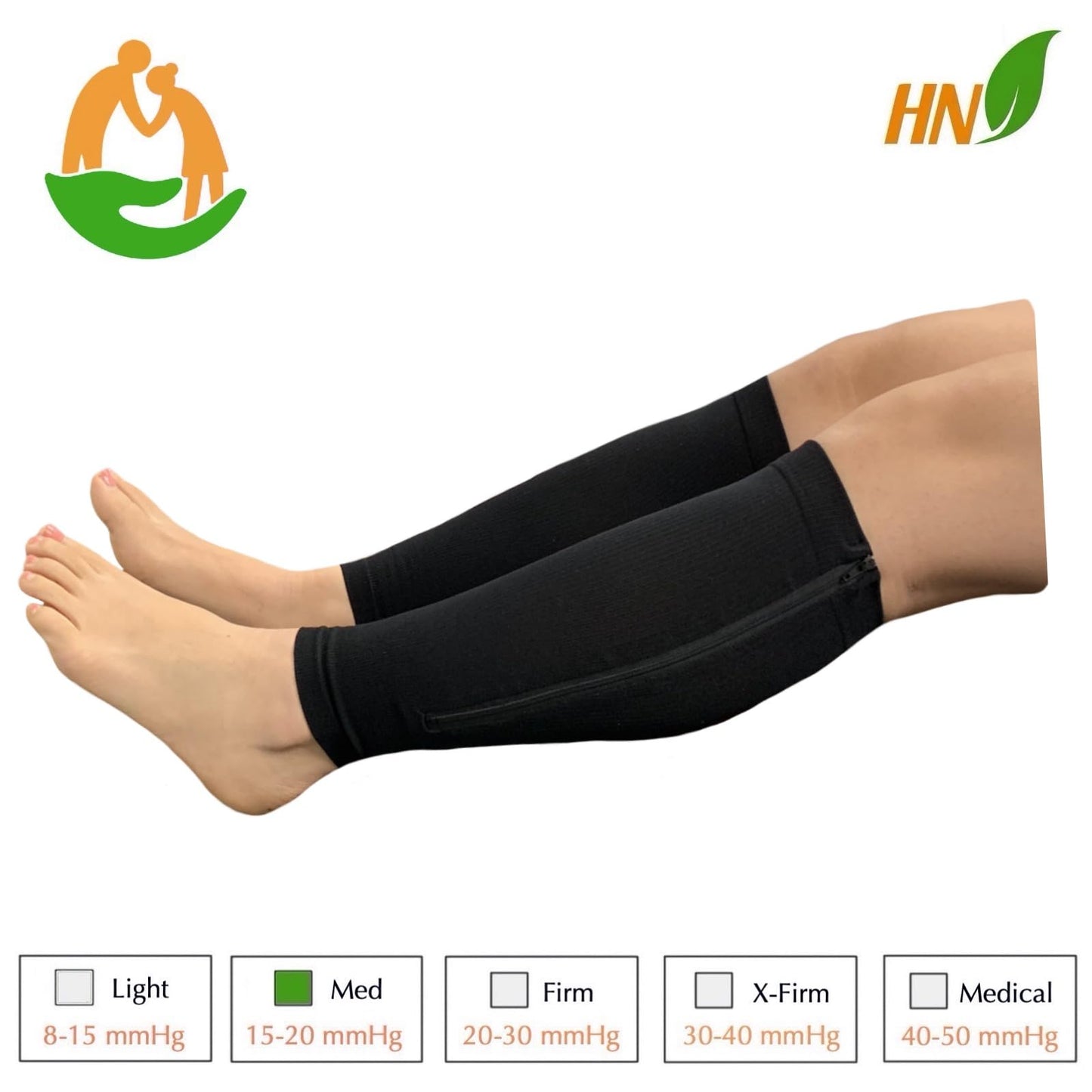 HealthyNees Seniors Care Footless 15-20 mmHg Compression Shin Calf Leg Men Women 1 Pair Zipper Sleeves (Black, 3X-Large)