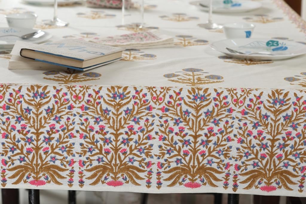ABHOOH Hand Block Print Tablecloth for Rectangle Table, Block Print Table Cover for Kitchen Dinning Tabletop Decoration Parties Weddings Bithday Christmas (60 X 90 Inches)