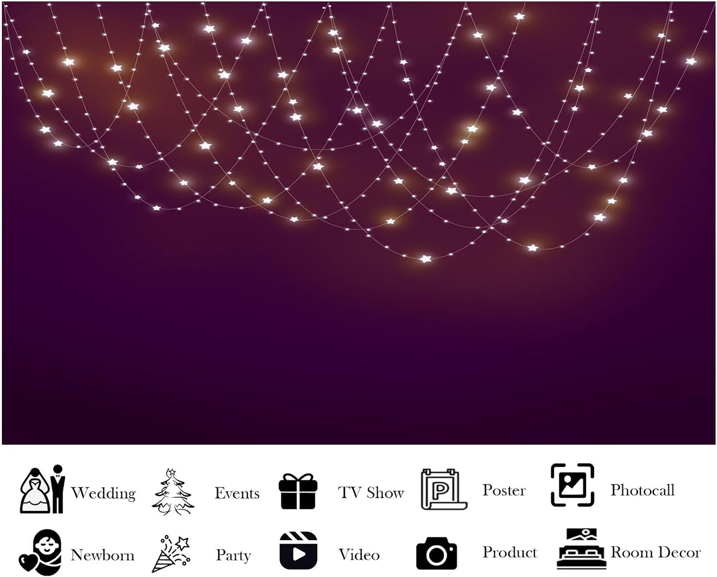 LidyMini 8x8ft Fabric Purple Star String Light Backdrop Dreamy Glowing Night Background Prom Party Decorations Home