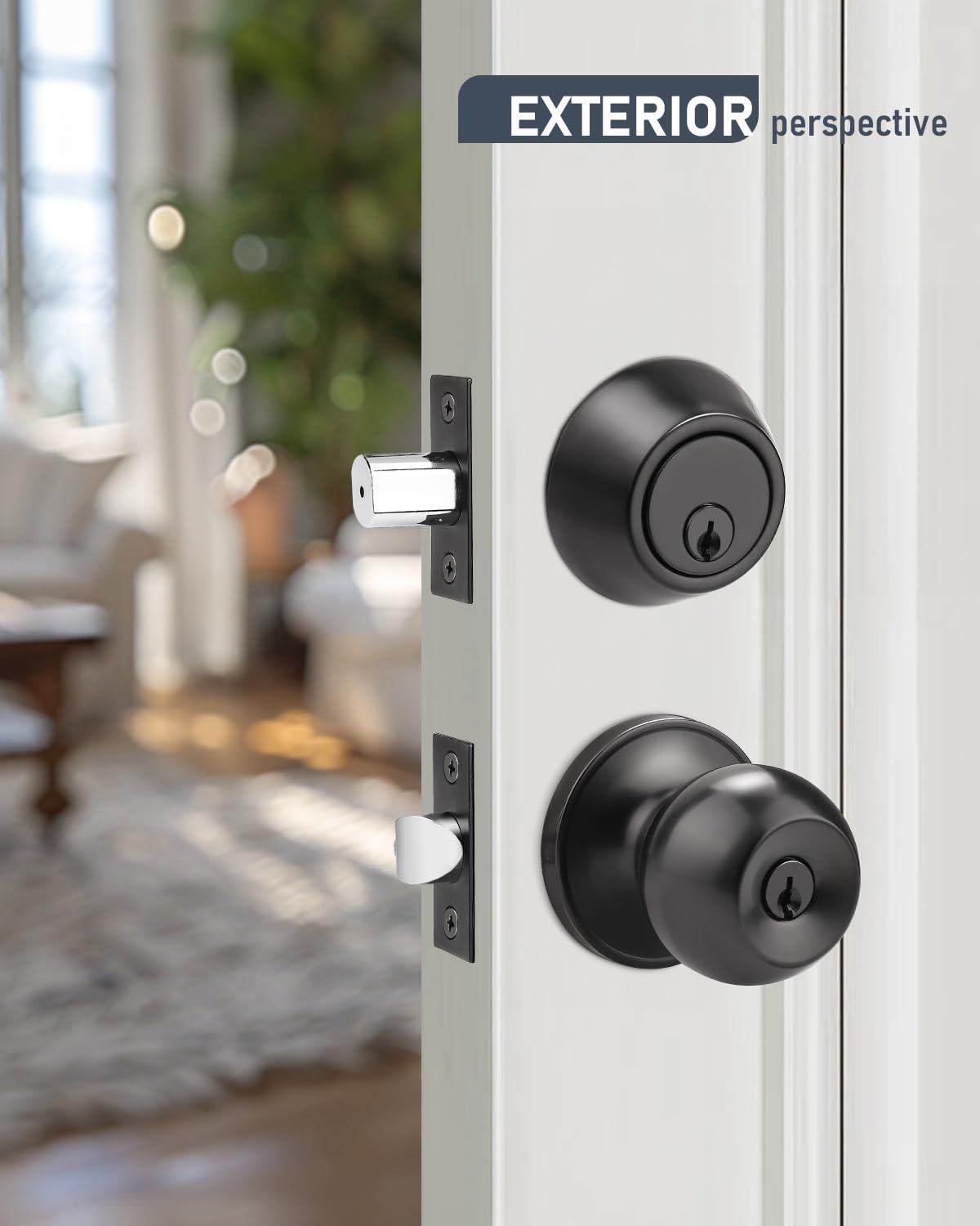 Brotima 1 Pack Entry Door Knob Lockset and Single Cylinder Deadbolt Combination Set in Matte Black Finish, Keyed Alike Exterior Knob Lock and Deadbolt for Front Door and Outside Gate