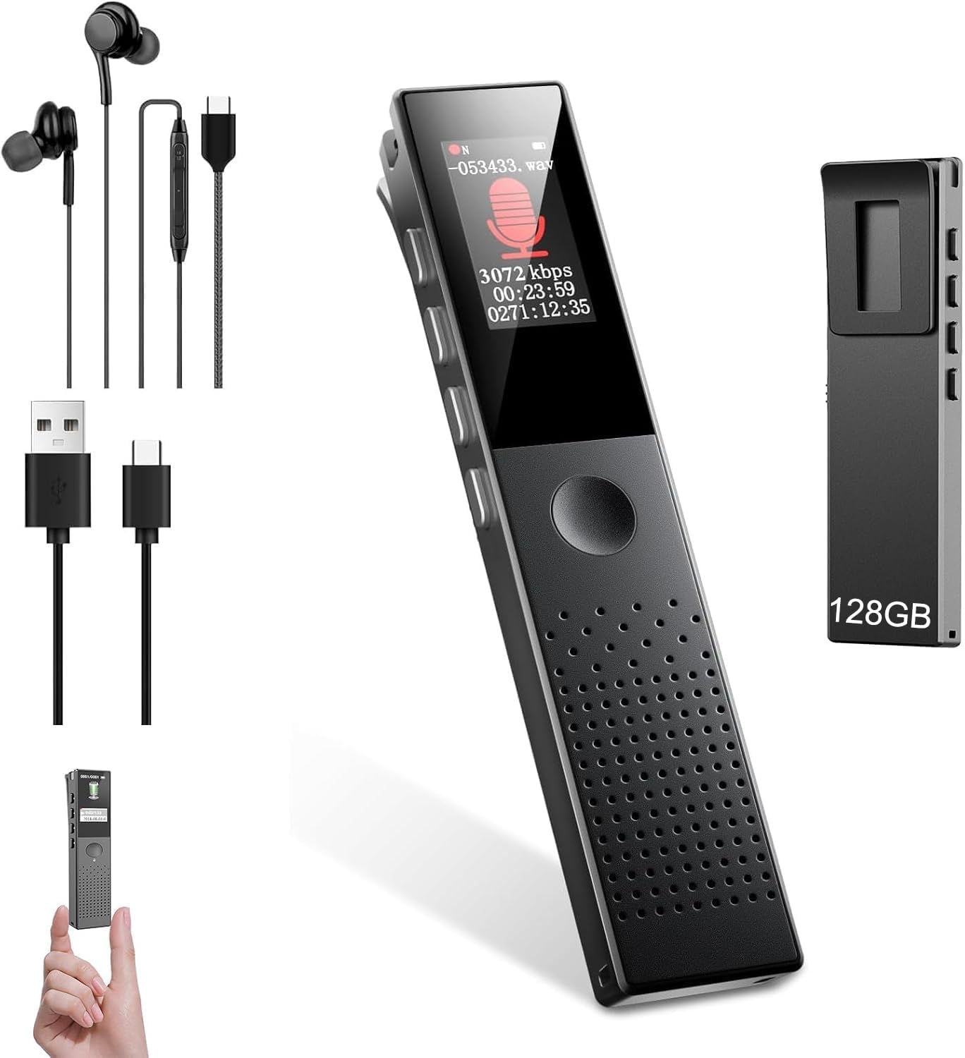 JUSTSTONE 128GB MP3 Digital Voice Recorder with Playback, Ai Noise Reduction, Voice Activated Recording, Password