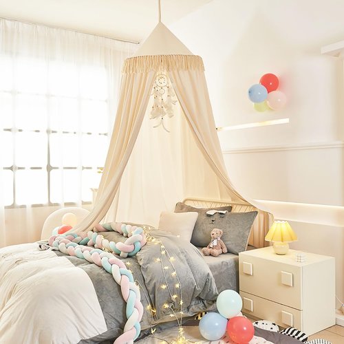 Mengersi Kids Bed Canopy with Tassel,Bed Canopy for Girls Boys Room Tent,Baby Crib Hanging Curtain-Bedroom Privacy Space Sleeping Tents Gifts,Ivory
