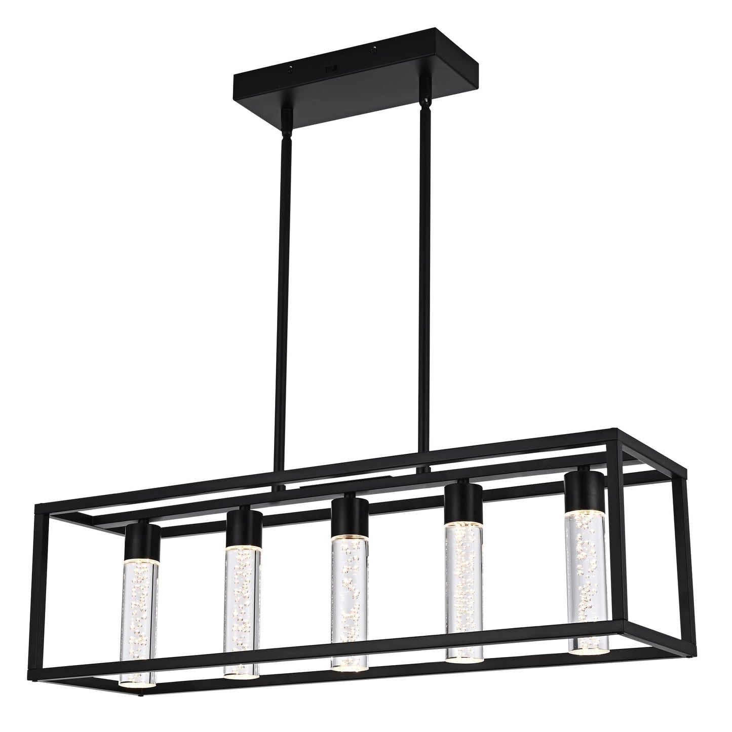 VINLUZ LED Farmhouse Kitchen Island Lighting,5 Light Industrial Linear Chandelier for Dining Room Metal Black Finish Hanging Pendant Light Fixture for Bedroom Living Room Hallway