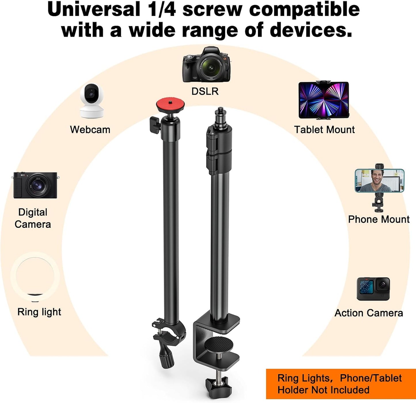 13.4-31.9" 1/4" 3-Section Overhead Camera Mount Desk Stand, Height Articulating Top Down Camera Mount with C-Clamp