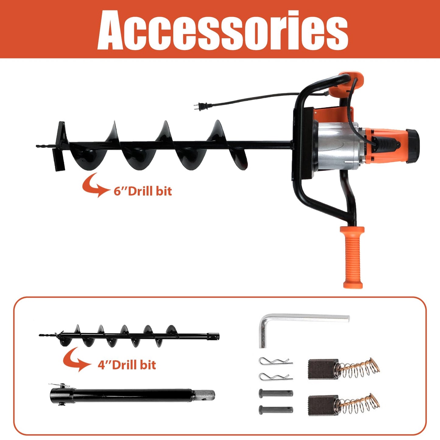 HIGOSPRO 1500W Electric Post-Hole Digger, 6-Inch & 4-Inch Auger Bit Earth Auger, Ideal for Post Hole Digging, Drilling, Tree Planting（No Bag）